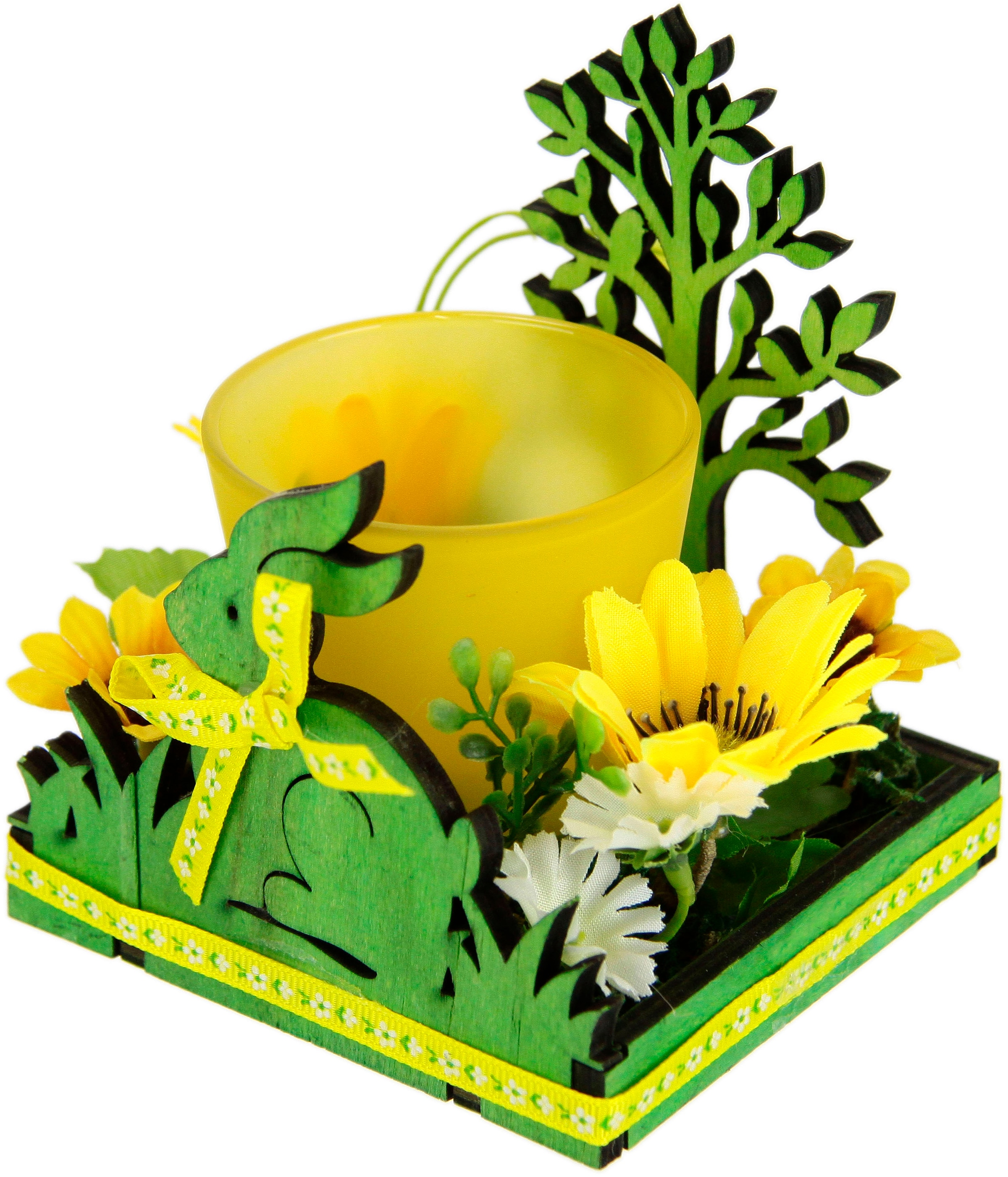 I.GE.A. Teelichthalter »Hase« 2er Set Windlicht Osterhase Glas Holz Kerzenleuchter Frühlingskranz 3D