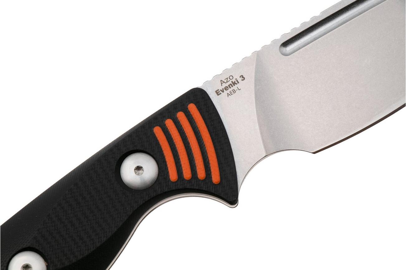 Kizer Vanguard Evenki 3, 1099A1 Stonewashed AEB-L, Black G10, vaststaand mes, Azo design