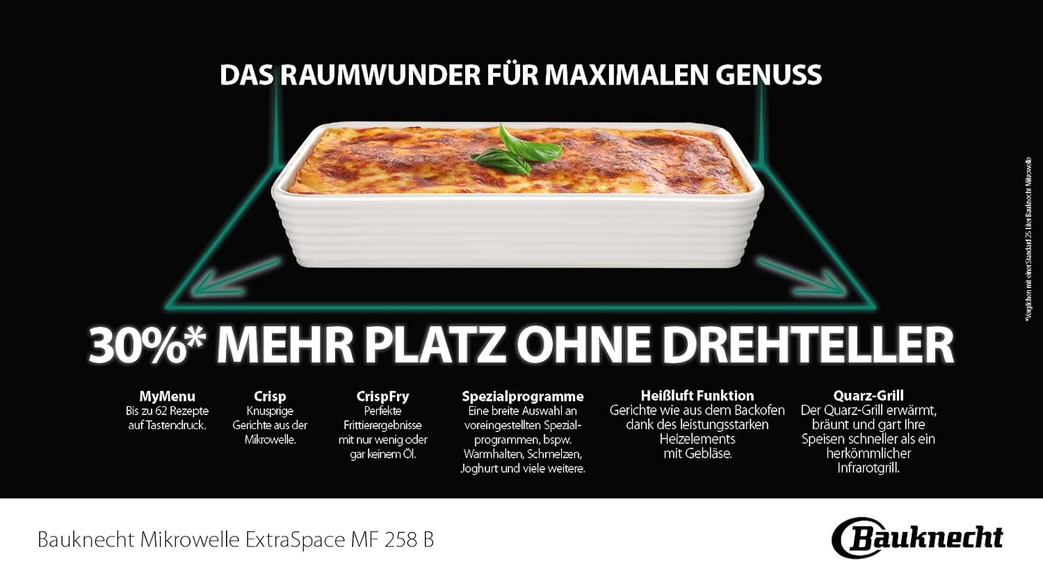 Bauknecht MF 258 B Mikrowelle/Extra Space: Kombi Ohne Drehteller/My Menu/Crisp/Crisp Fry/Spezialprogramme/Heißluft/Quarz Grill/Auto Clean/Autom. Rezepte/ 25 L