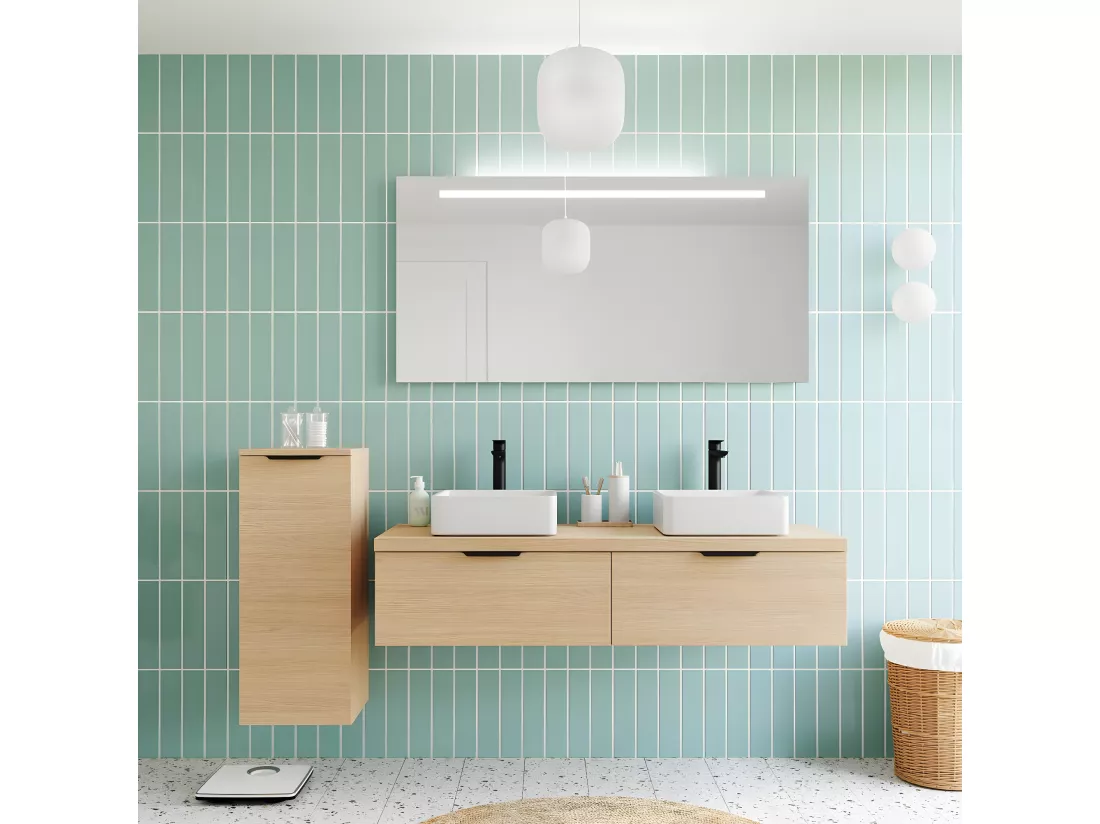 Meuble de salle de bain suspendu 2 vasques à poser 140cm 2 tiroirs Chêne clair - Soho