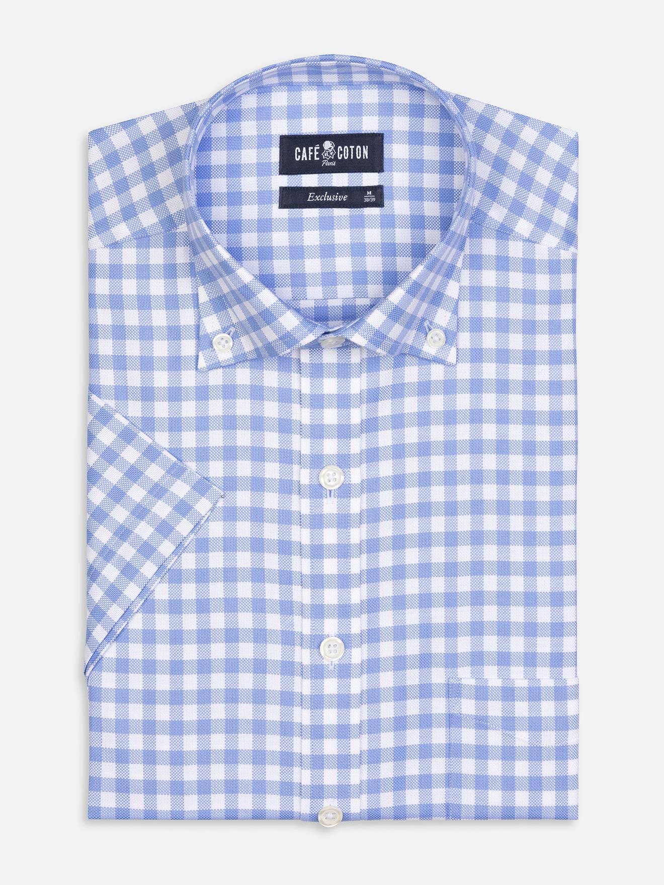 Chemise manches courtes Ash à carreaux ciel - Col boutonné