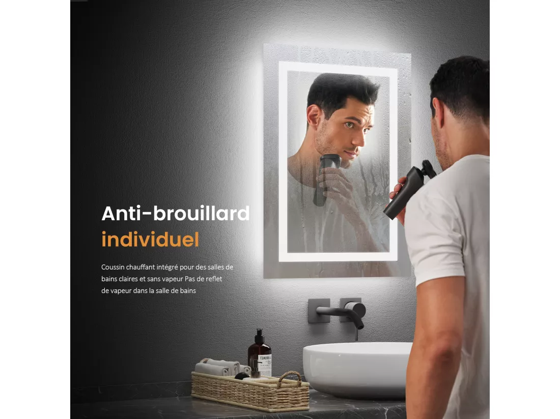 EMKE Miroir lumineux salle de bain 60x45cm, Miroir LED avec Interrupteur à bouton, Anti-buée, Miroir avec éclairage lumière Blanche Froide/Chaude