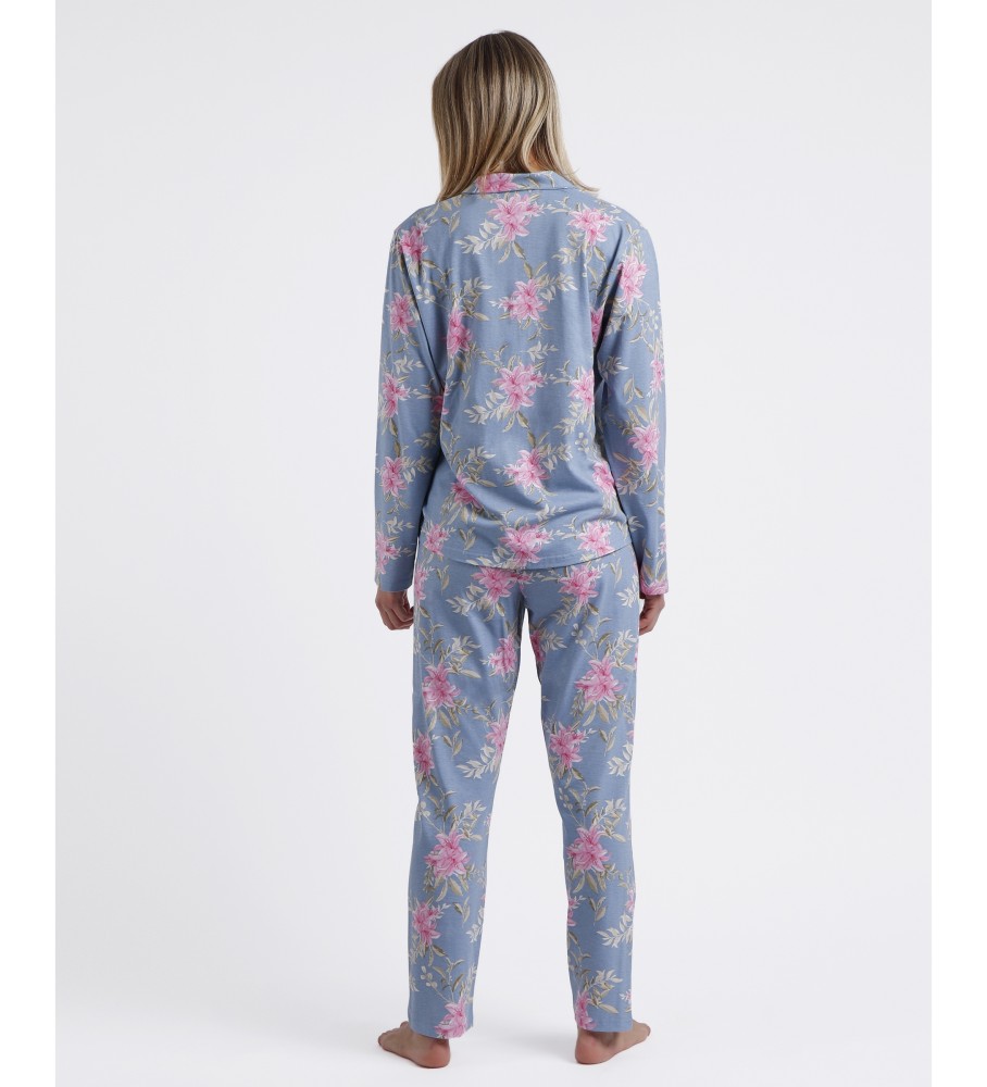 Pijama Admas de manga comprida aberto com flores rosa e azul