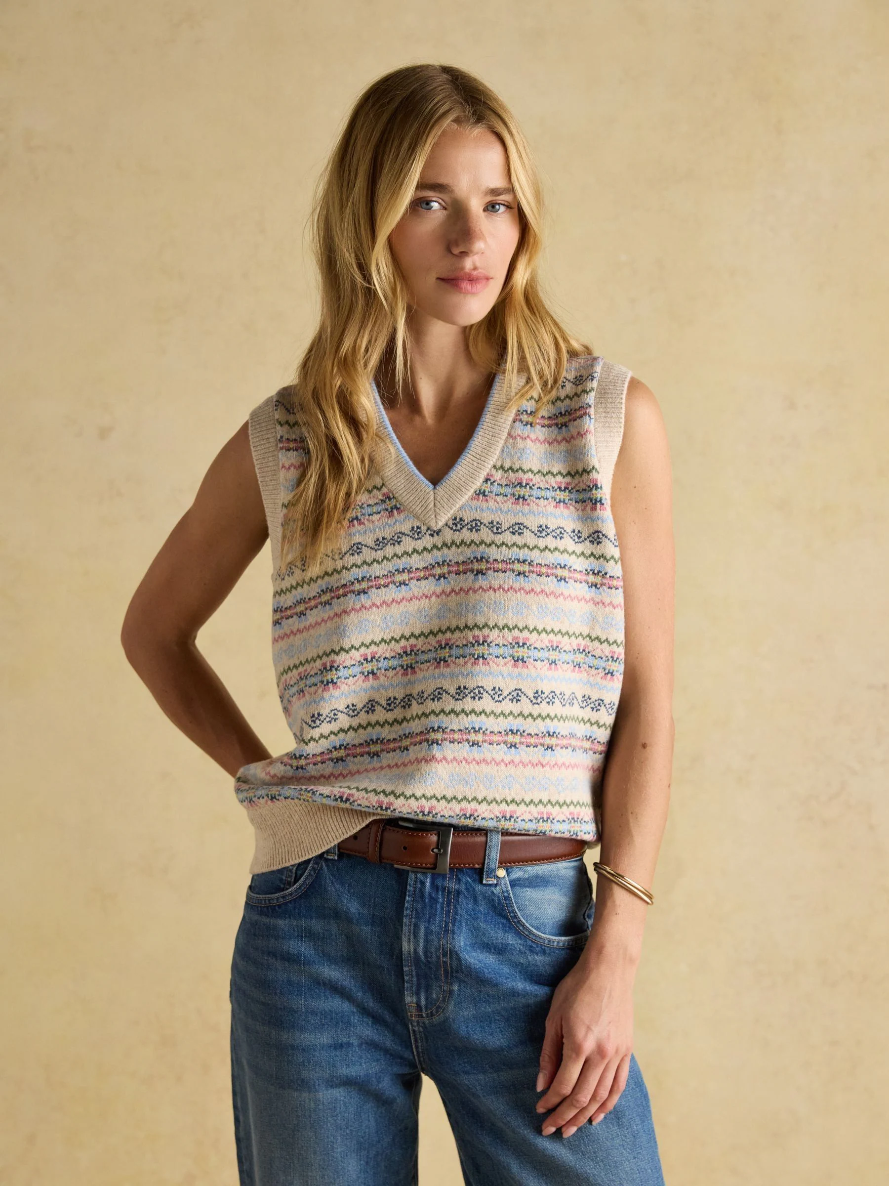 Crème - Joules Islay V Neck Fair Isle Cotton Rich Knitted Vest