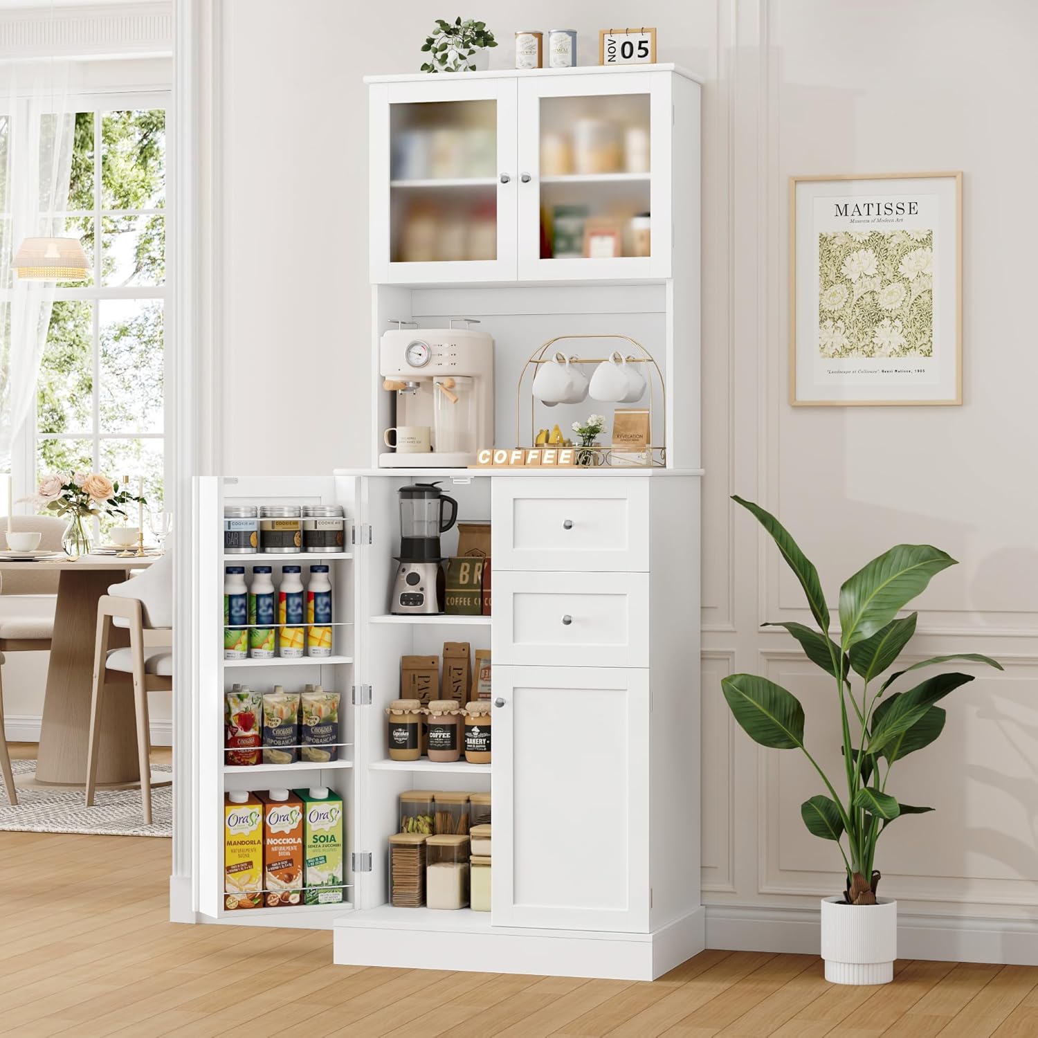 HOCSOK Küchenschrank, 182.5 cm Buffetschrank mit 2 Glastüren, Hochschrank mit 4 Türen und 2 Schubladen, Mehrzweckschrank für Küche, Esszimmer, Wohnzimmer, Weiß
