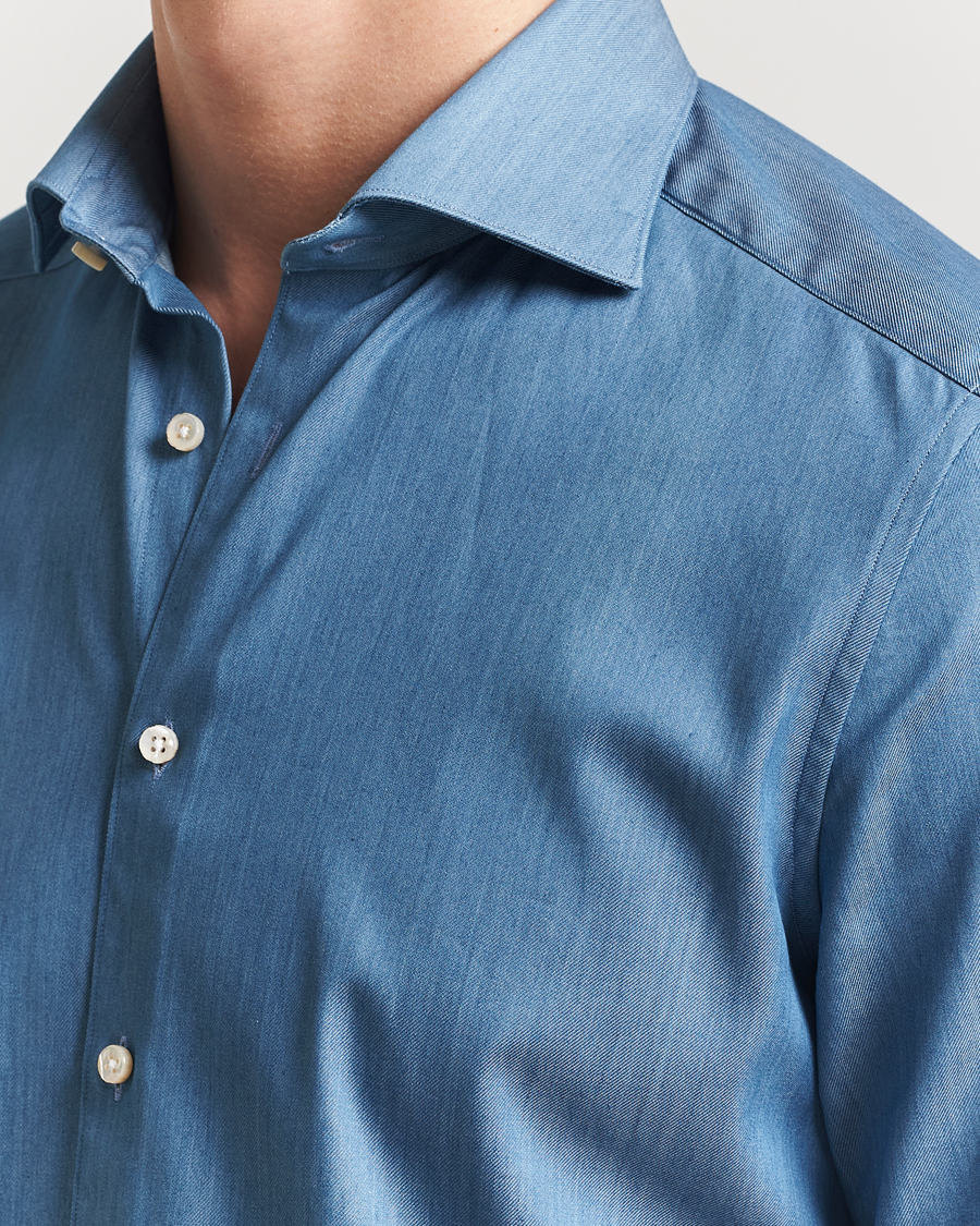 Stenströms 1899 Slim Twofold Cotton Denim Shirt  Mid Blue