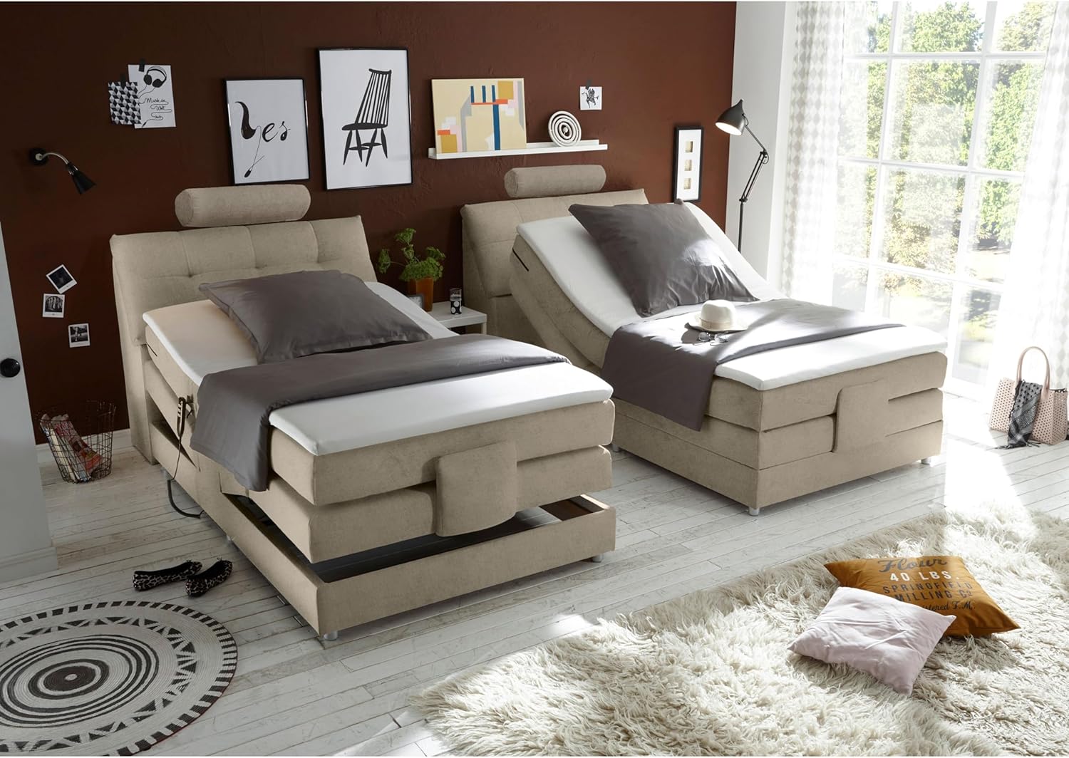 PALERMO 2 Boxspringbett 120x200 elektrisch verstellbar, Sand - Bequemes Einzelbett mit dekorativer Steppung & Komfortschaum Topper - 120 x 127 x 234 cm (B/H/T)
