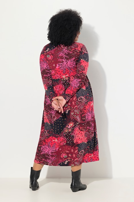 Jerseykleid, Paisley, V-Ausschnitt, Langarm, Taschen