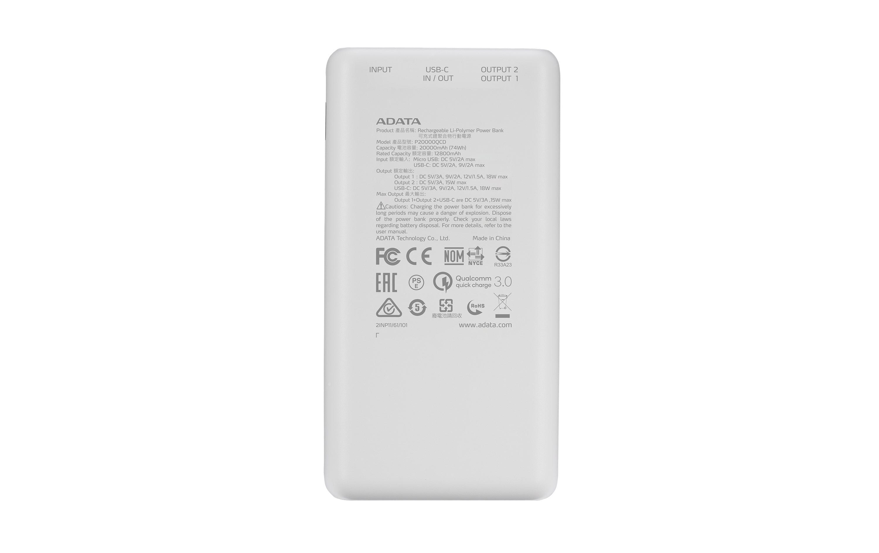 Powerbank P20000QCD (20000 mAh, USB-A, USB-C, Display)Powerbank mit hoher Kapazität, modernen Schnellladeanschlüssen und Digital-Display