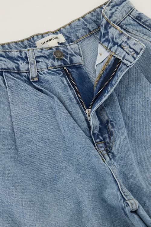 Blauwe denim wide leg jeans met plooien