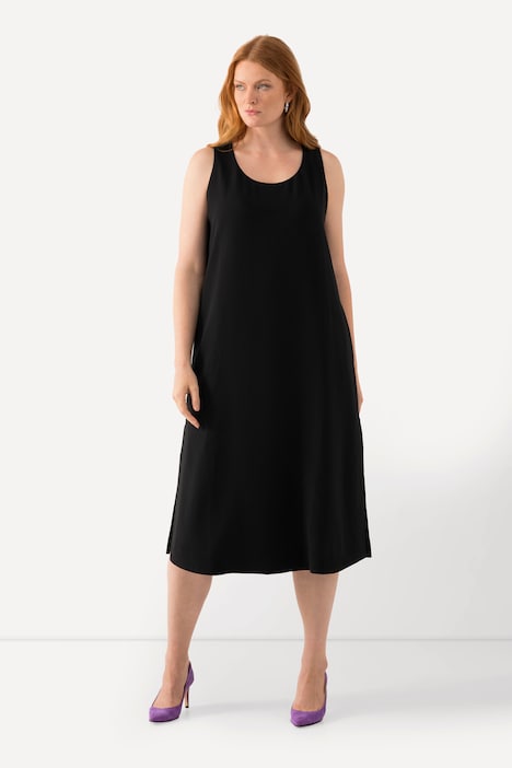 Acetat-Midikleid, A-Linie, Rundhals, ärmellos, Taschen