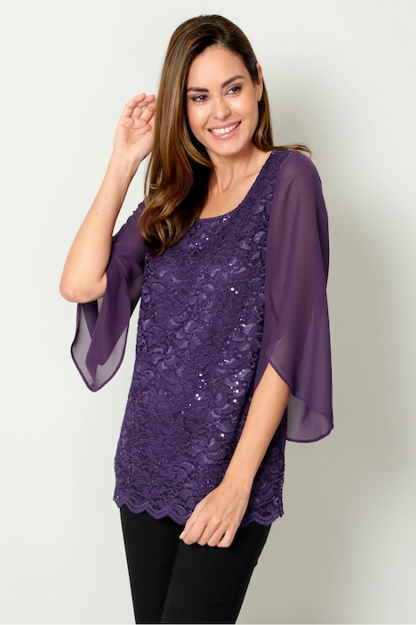 Shirt, gerader Straight Fit, Chiffon mit Pailletten, blickdichtes Top
