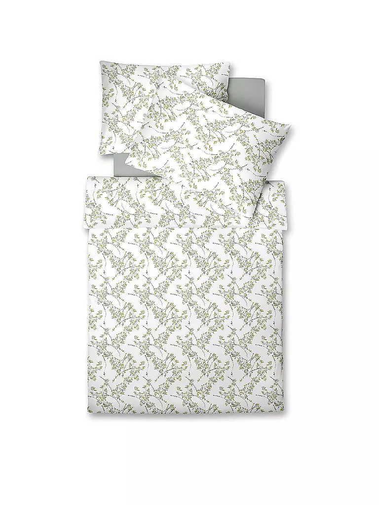 FLEURESSE Satin Bettwäsche MODERN GARDEN 70x90cm/140x200cm Pistazie weiss