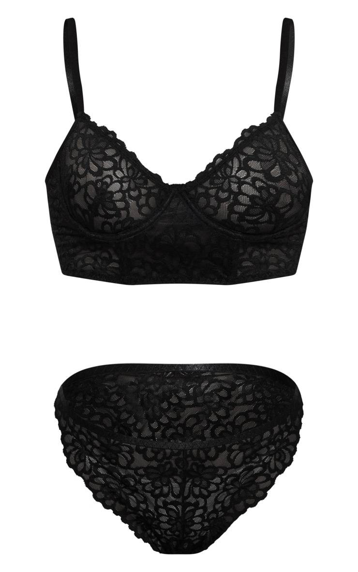Noir Ensemble Soutien-gorge Longline Et Culotte En Dentelle À Bords Festonnés Fleuris