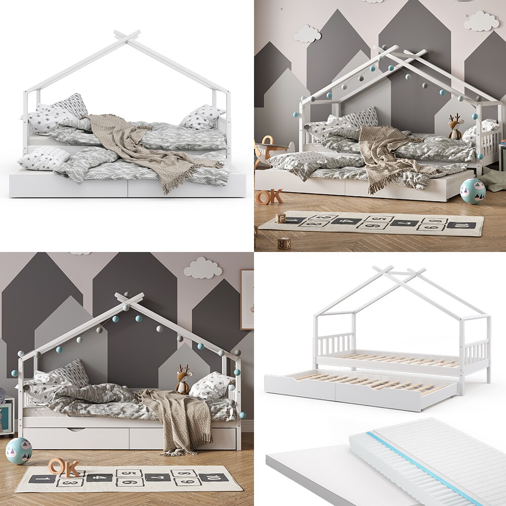 VitaliSpa Kinderbett Hausbett Gästebett Design Lattenrost 90x200 Matratze Weiß