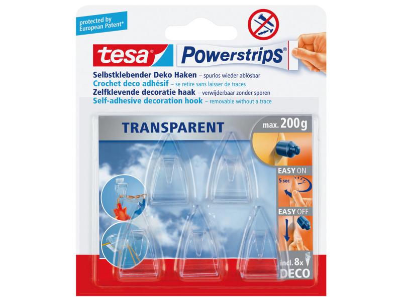 tesa Haken Transparent, 0.2 kg Haken mit Powerstrips-Befestigung, 5 Haken   8 Strips