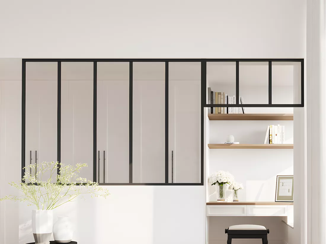 Verrière atelier avec imposte en aluminium thermolaqué - L150 x H105 + L83 x H40 cm - Noir - BAYVIEW