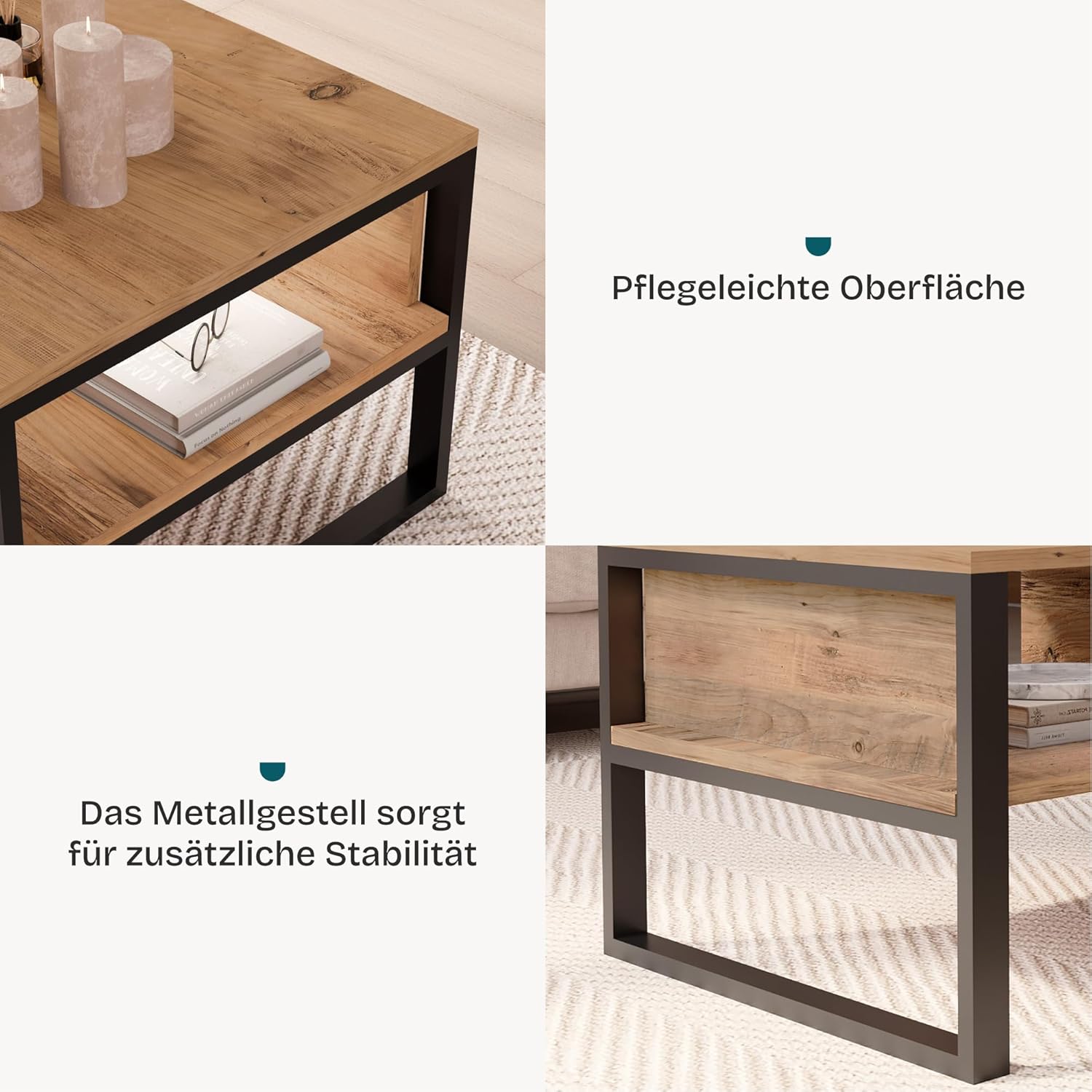 [en.casa] Couchtisch Laukaa Wohnzimmertisch Tischplatte rechteckig Beistelltisch 100 x 60 x 45 cm Sofatisch Stauraum Eicheoptik rustikal