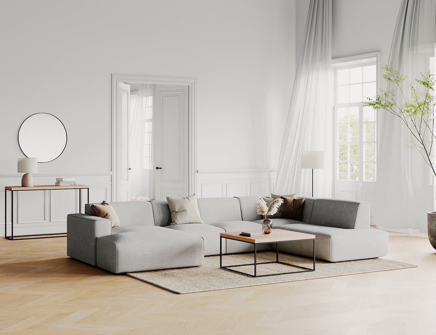 Enjoy U-sofa oppsett Sjeselong venstre liten , 2-seter, hjørne, åpen ende høyre liten i tekstil Brego 7 Grey med sorte ben