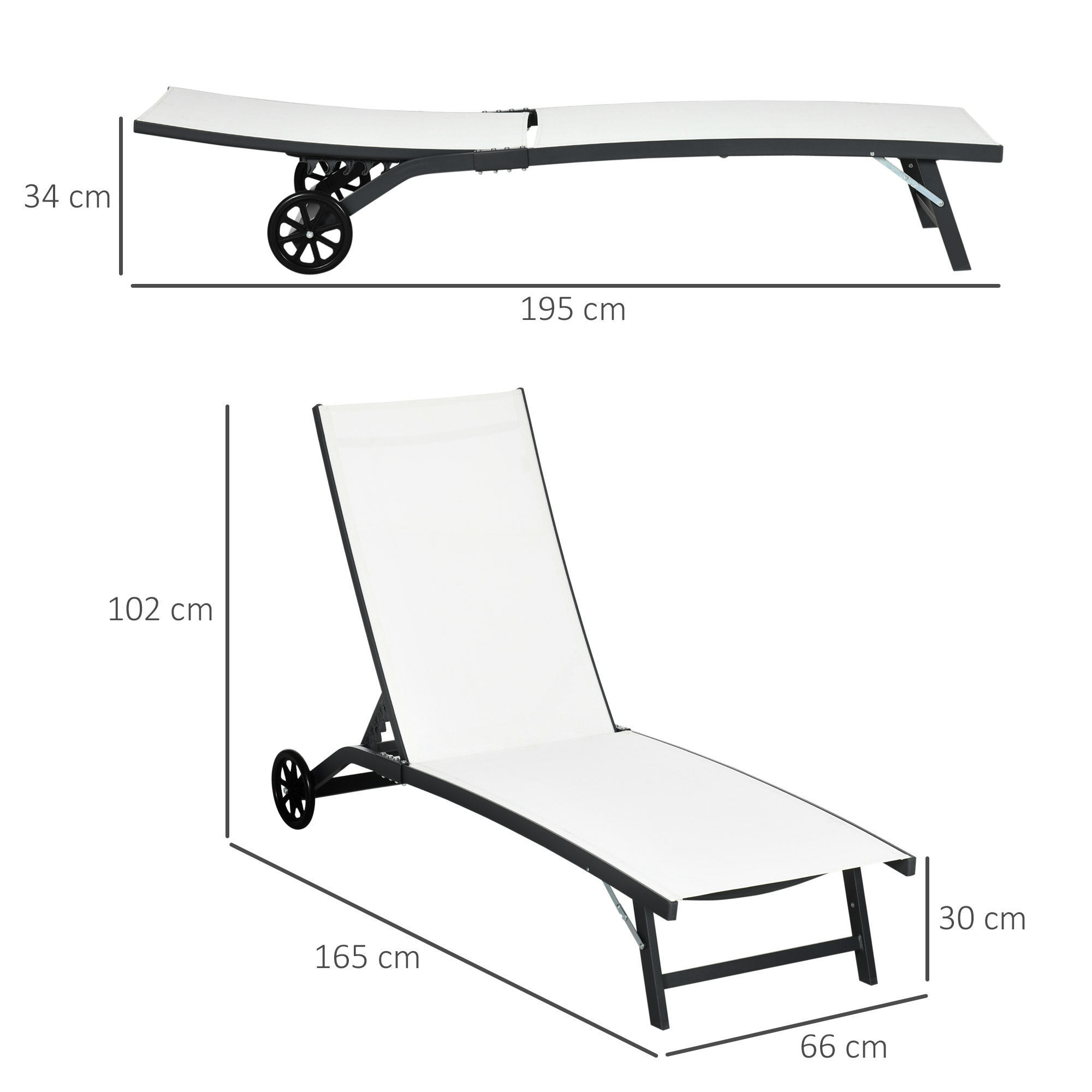 Conjunto de 2 espreguiçadeiras reclináveis Outsunny para jardim, cadeiras de alumínio para exterior com encosto ajustável em 5 níveis e rodas para praia e piscina, 165x66x102 cm, creme.