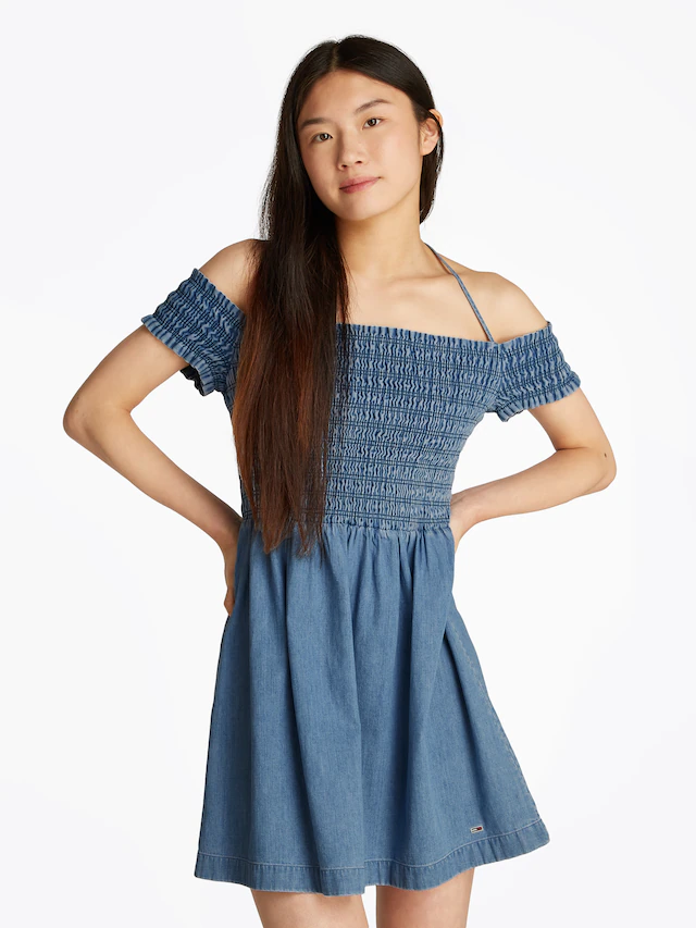 Tommy Jeans Midikleid »TJW CHAMBRAY FIT & FLARE DRESS« mit Bindeband, in blauer Waschung