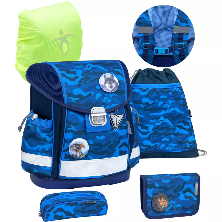 Belmil Schulranzen Classy Schulranzen Set 6-teilig mit Brustgurt Blue Camouflage