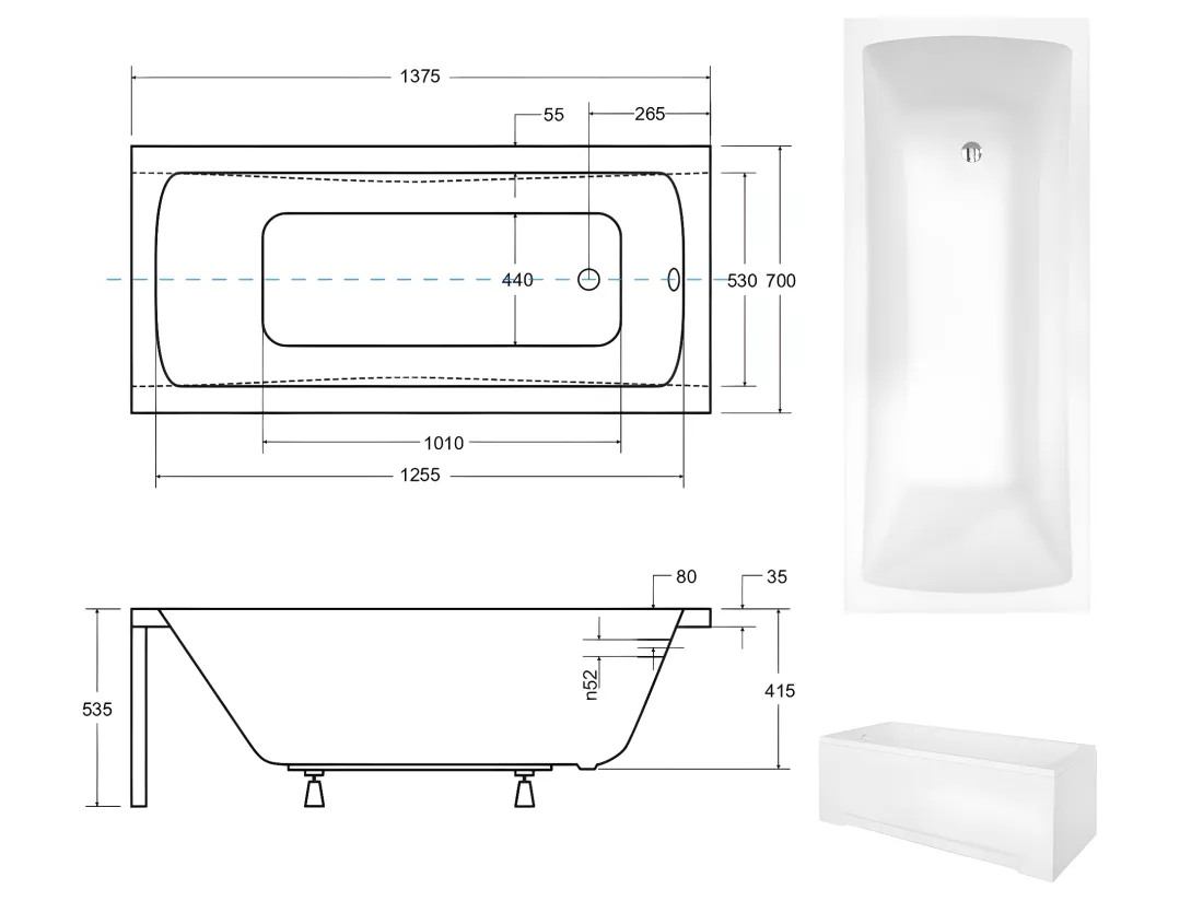 Baignoire rectangulaire + tablier blanc + repose tête - OPTIMA - 140 x 70 cm