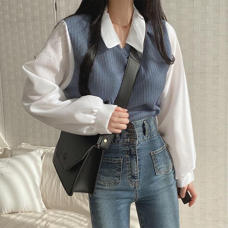 Enpheriado - Mock Two-Piece Long-Sleeve Two Tone Panel Blouse