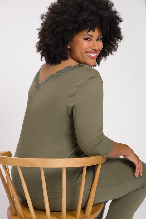 Pyjamashirt, Spitze, V-Ausschnitt, 3/4-Arm