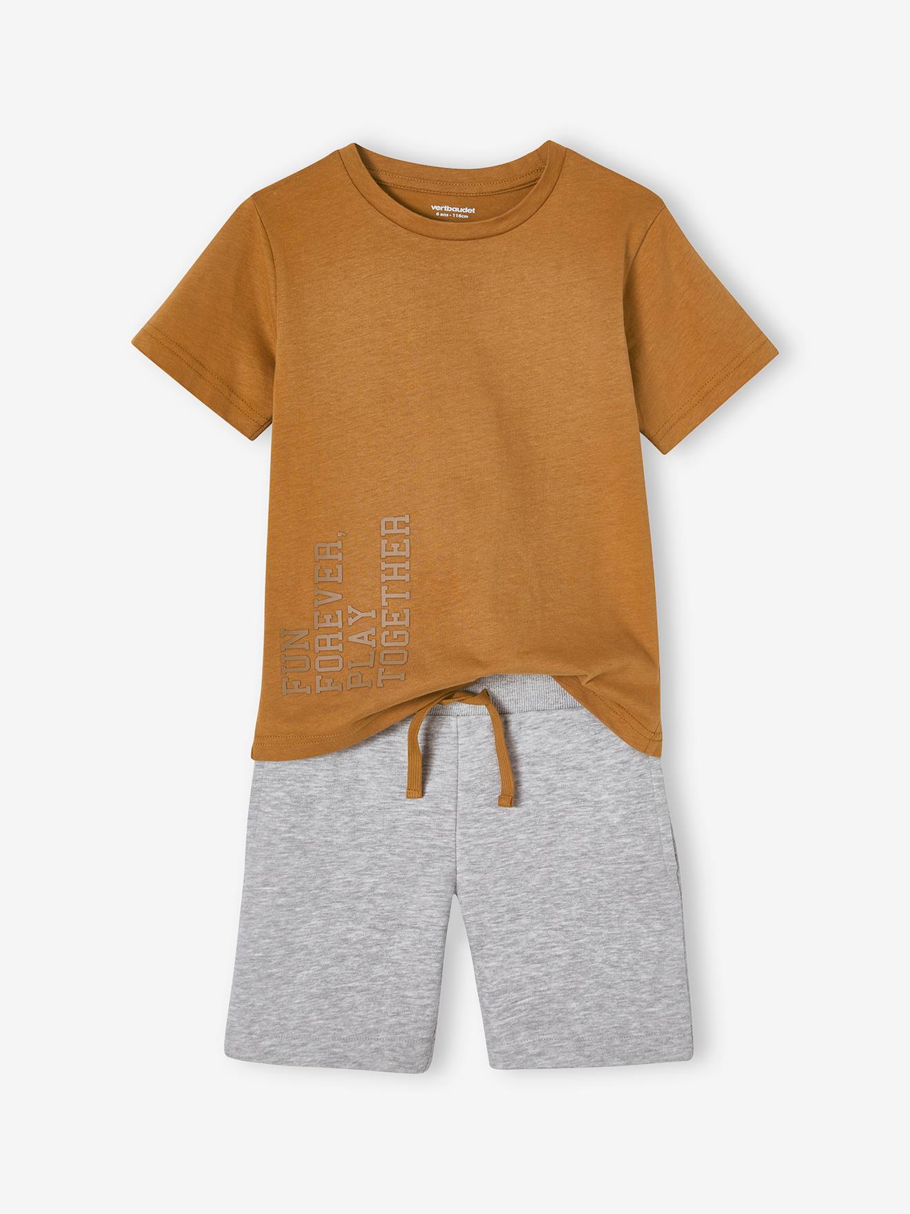 Conjunto de agasalho infantil: camiseta + shorts de moletom cor noz-pecã