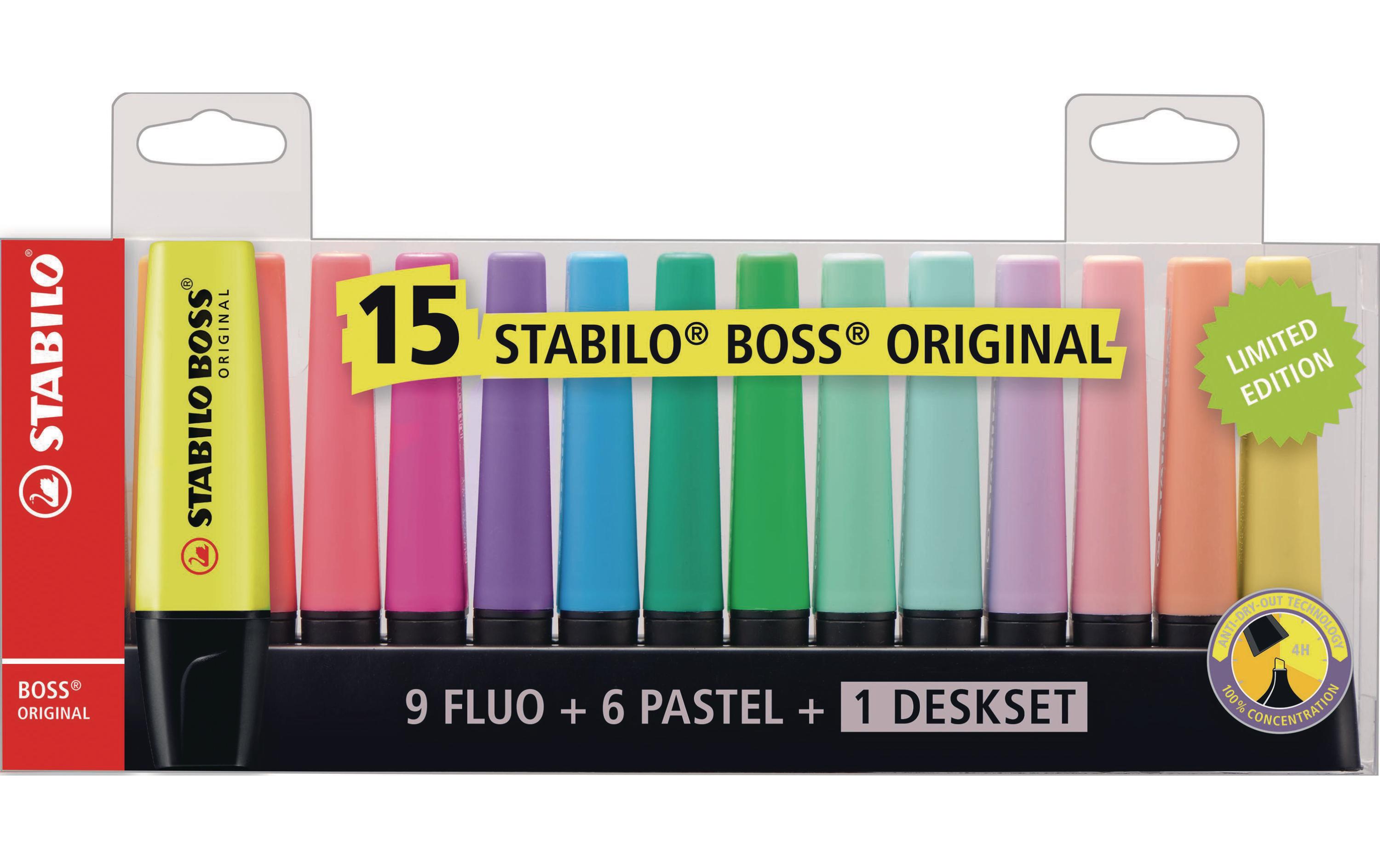 Textmarker Boss 15er Etui MehrfarbigTextmarker-Set mit 15 Stiften und Stiftehalter zum Aufstellen