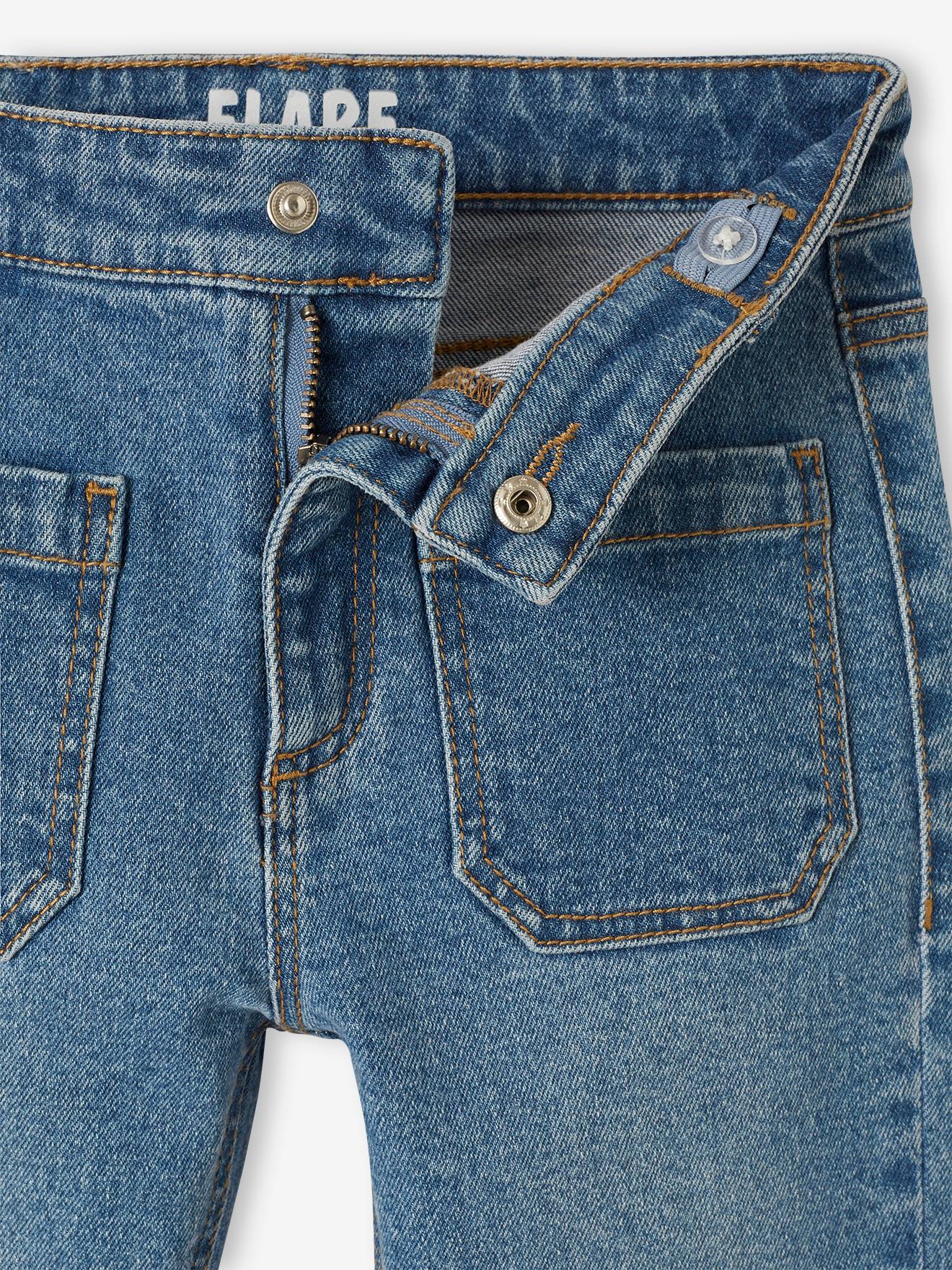 Calça jeans azul boca de sino estilo pirata para meninas