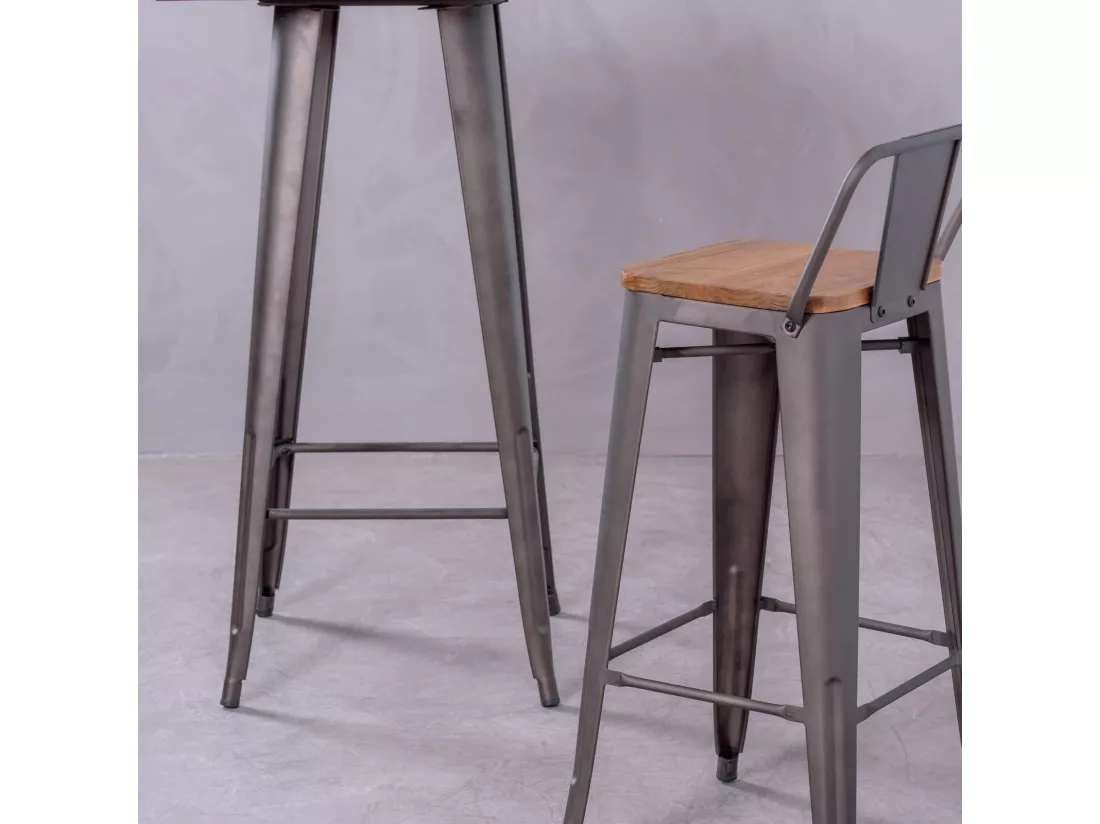 Tabouret industriel en acier vieilli avec dossier bas et assise en bois - Bistro - Antique