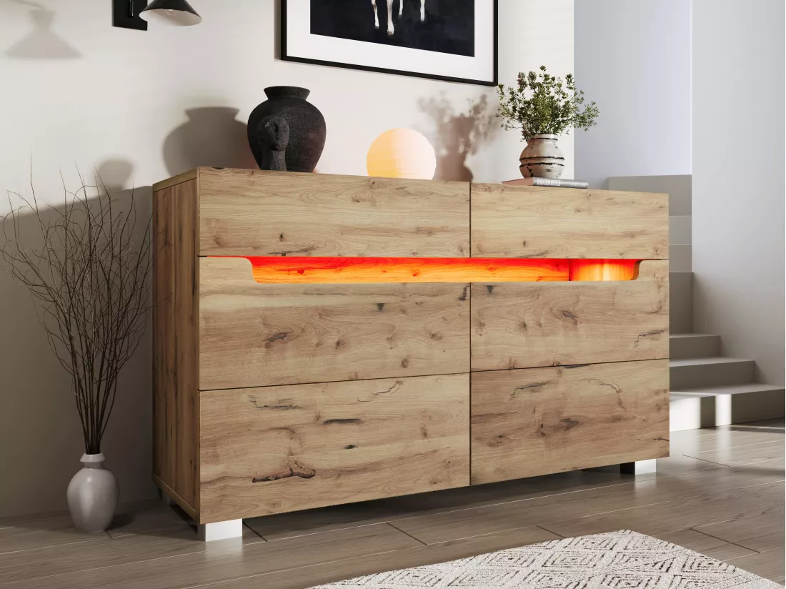 Commode avec LED - 6 tiroirs - effet brillant - Naturel