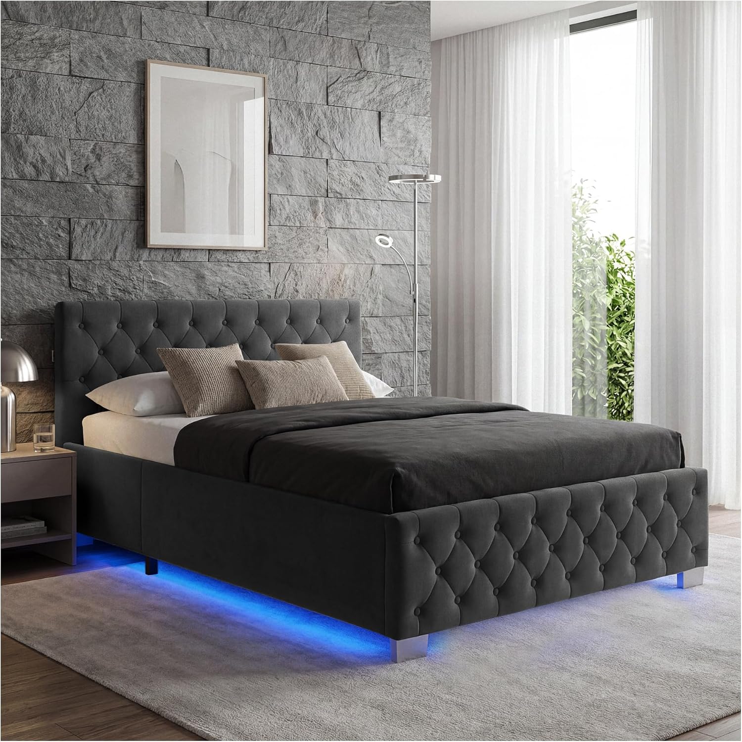 tectake® Polsterbett, 120x200cm, LED-Beleuchtung, Fernbedienung, Stauraum, Samtbezug, Chesterfield, Belastbarkeit 200kg, Bettgestell, Lattenrost, Gasdruckfeder, Schlafzimmermöbel - Samtoptik schwarz EO7306595