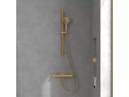 Mitigeur douche thermostatique VILLEROY ET BOCH Universal rond + Ensemble de douche Verve Showers 3 jets Or brossé