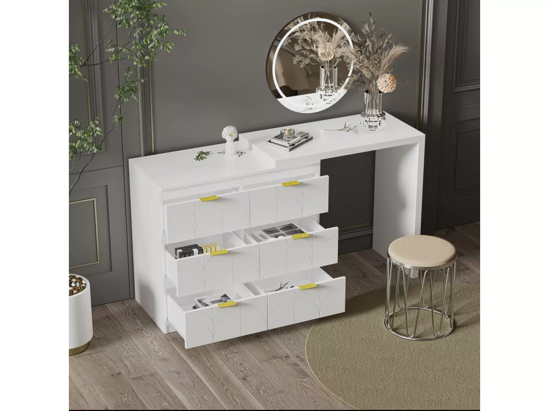 Coiffeuse avec table d'appoint - 6 Tiroirs et plateau pivotant 180° - Bois MDF - Blanc