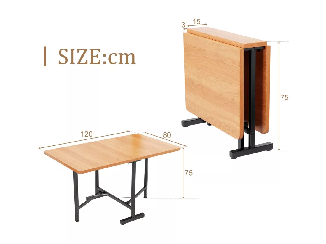 Table à manger 4 à 6 personnes - MDF et métal - Naturel et noir - extensible et pliable - 21/120x80x75cm