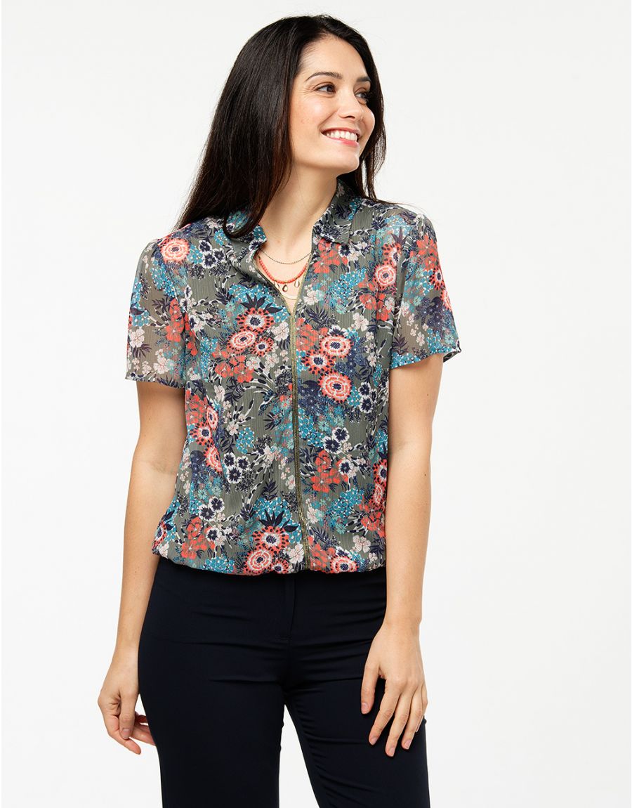 Blouse kaki fleuri