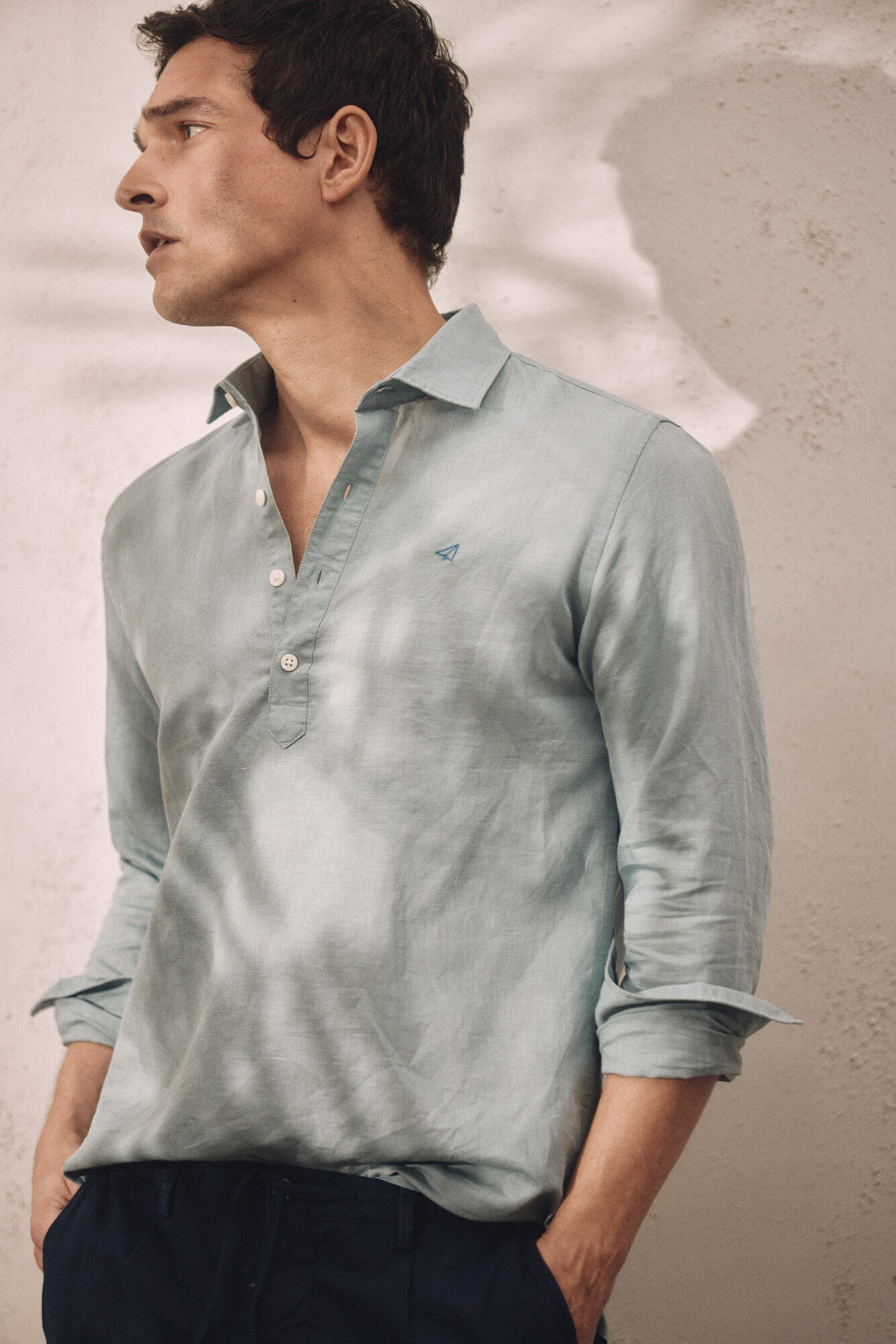 Camisa polo de linho de manga comprida - Verde