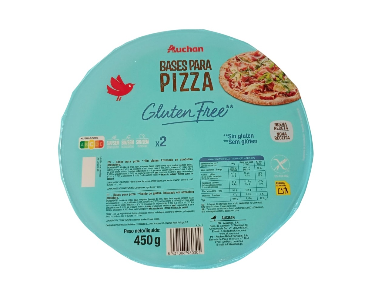 BASE PARA PIZZA AUCHAN SEM GLÚTEN 450G