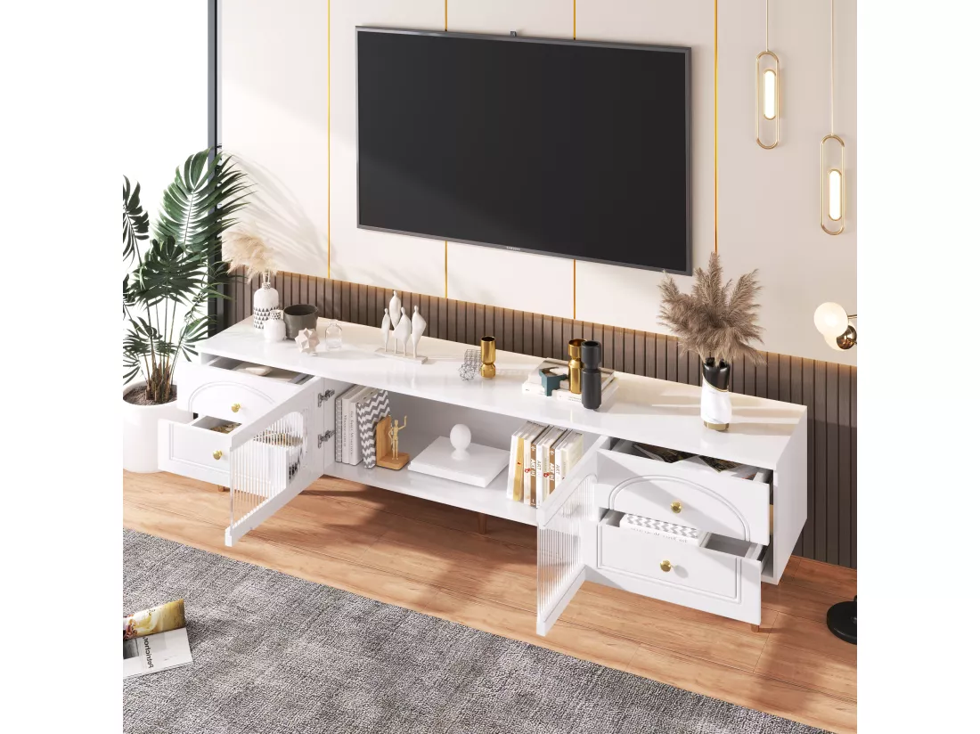 Meuble TV avec 2 portes et 4 tiroirs - 175 x 30 x 46 cm - bois MDF, pièds et poignées en métal doré - blanc
