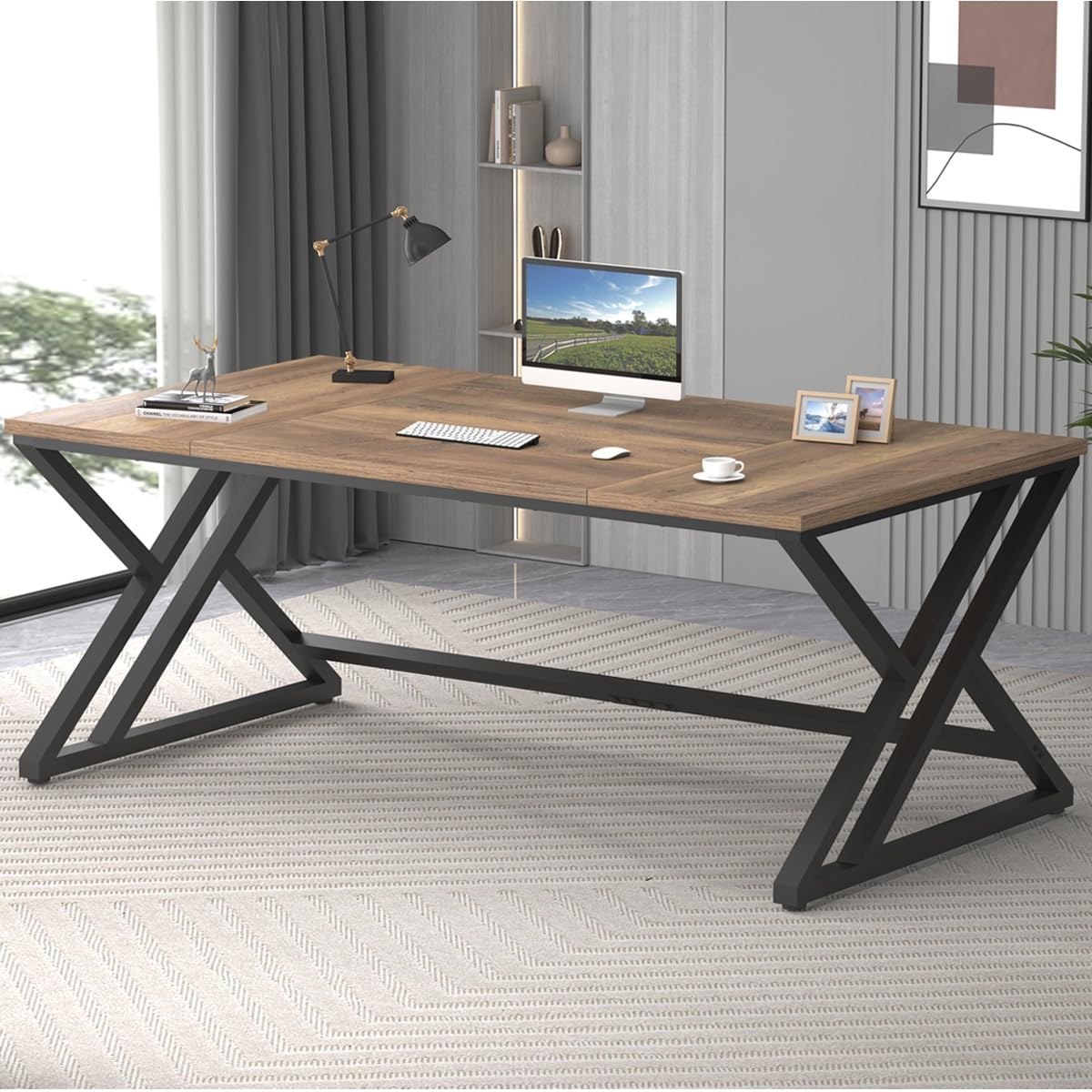 LVB Großer Schreibtisch, Computertisch für Home Office, Schreibtisch Holz Metall, Bürotisch Holztisch für Büro und Arbeitszimmer, Gaming PC Tisch, Officetisch für Home 180 x 80 x 75cm