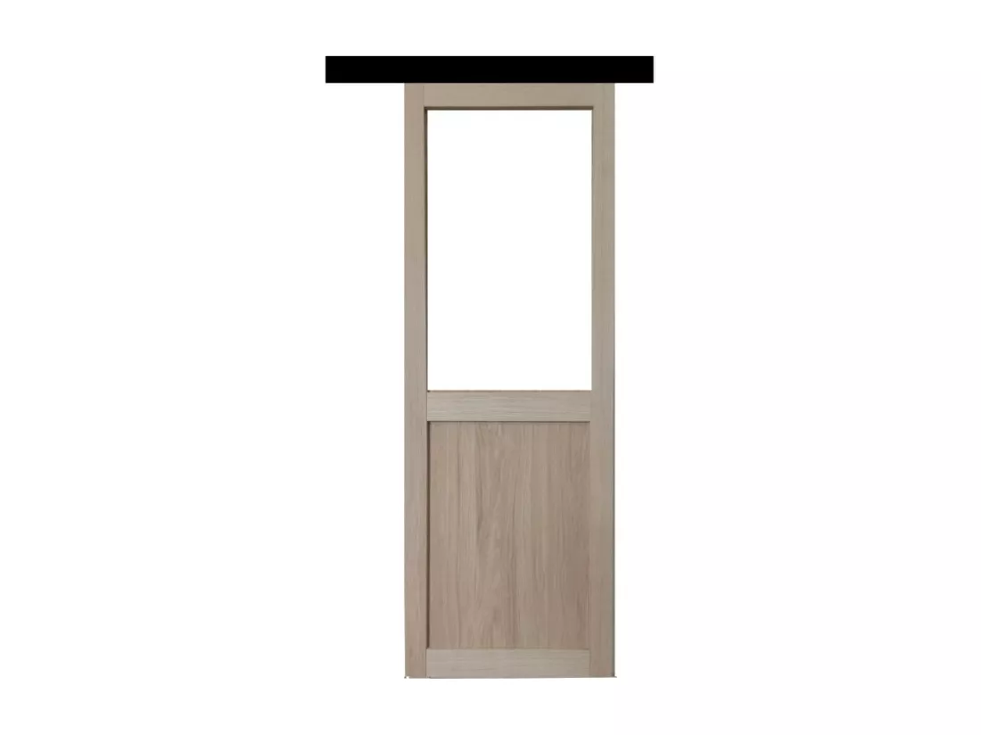Porte Coulissante Atelier Placage Chene Vitrée H204 X L83 + Rail Alu Bandeau Noir Gd Menuiseries