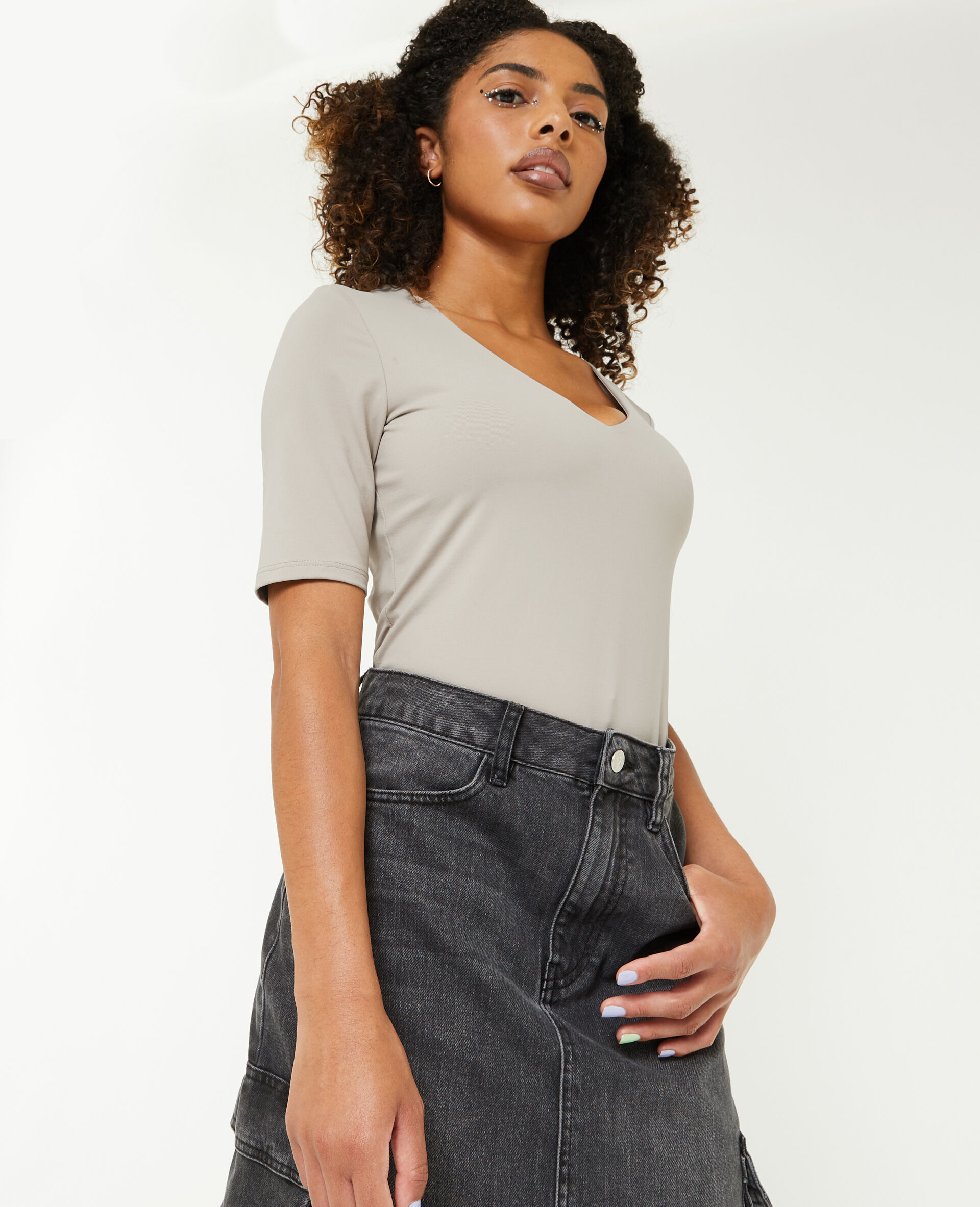 Top col V en maille - Beige