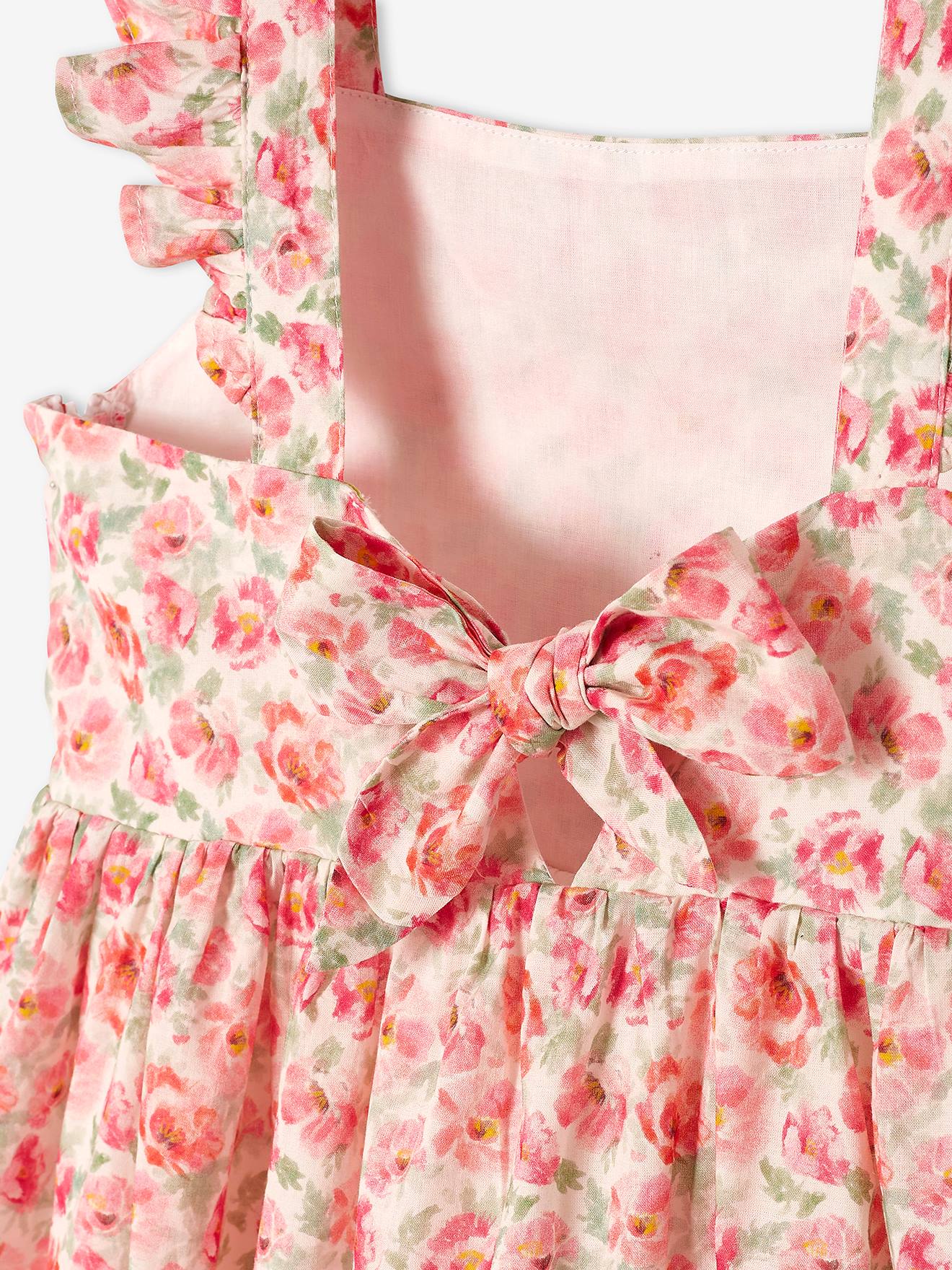 Vestido de festa com flores e alças com babados, estampa branca clara.