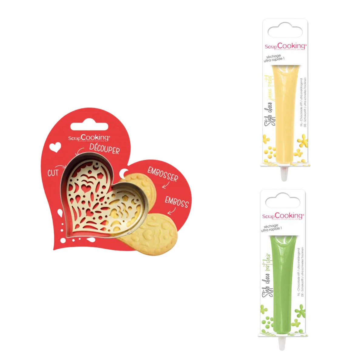 Kit pour biscuit en relief Coeur + 2 Stylos au chocolat jaune pastel e
