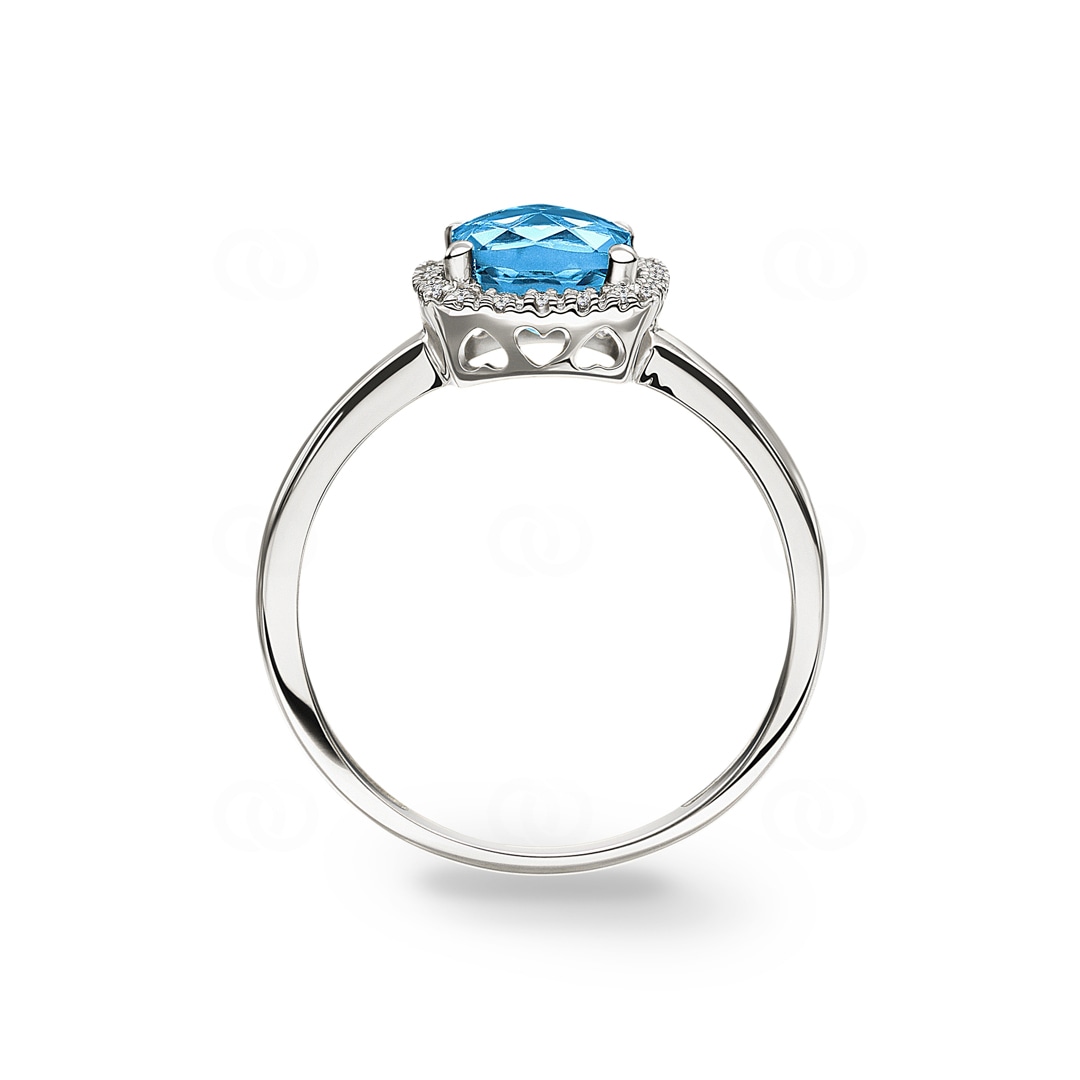 Damenring 750/18 K Weissgold mit Blautopas Kissen und Diamanten 0.06 ct H/si