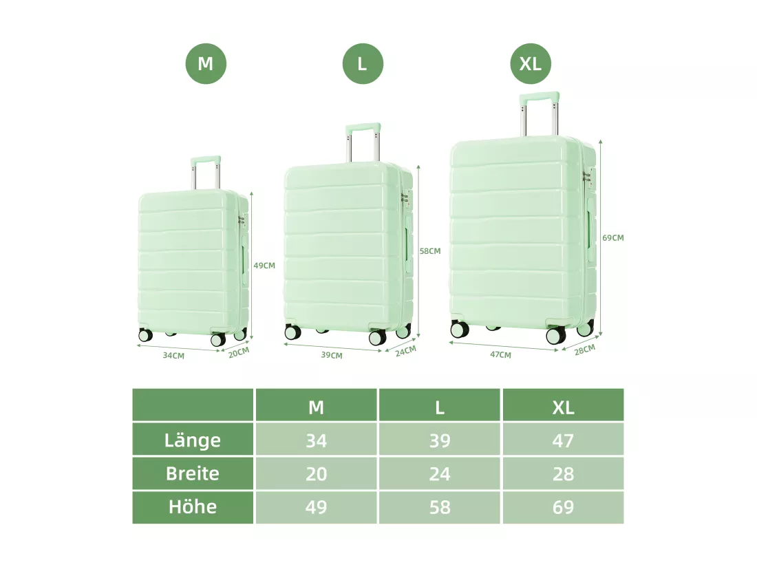 Bagage à main de 3 pièces20&24&28 pouces - en matériau ABS+PC - doubles roues pivotantes à 360° et Serrure TSA-vert