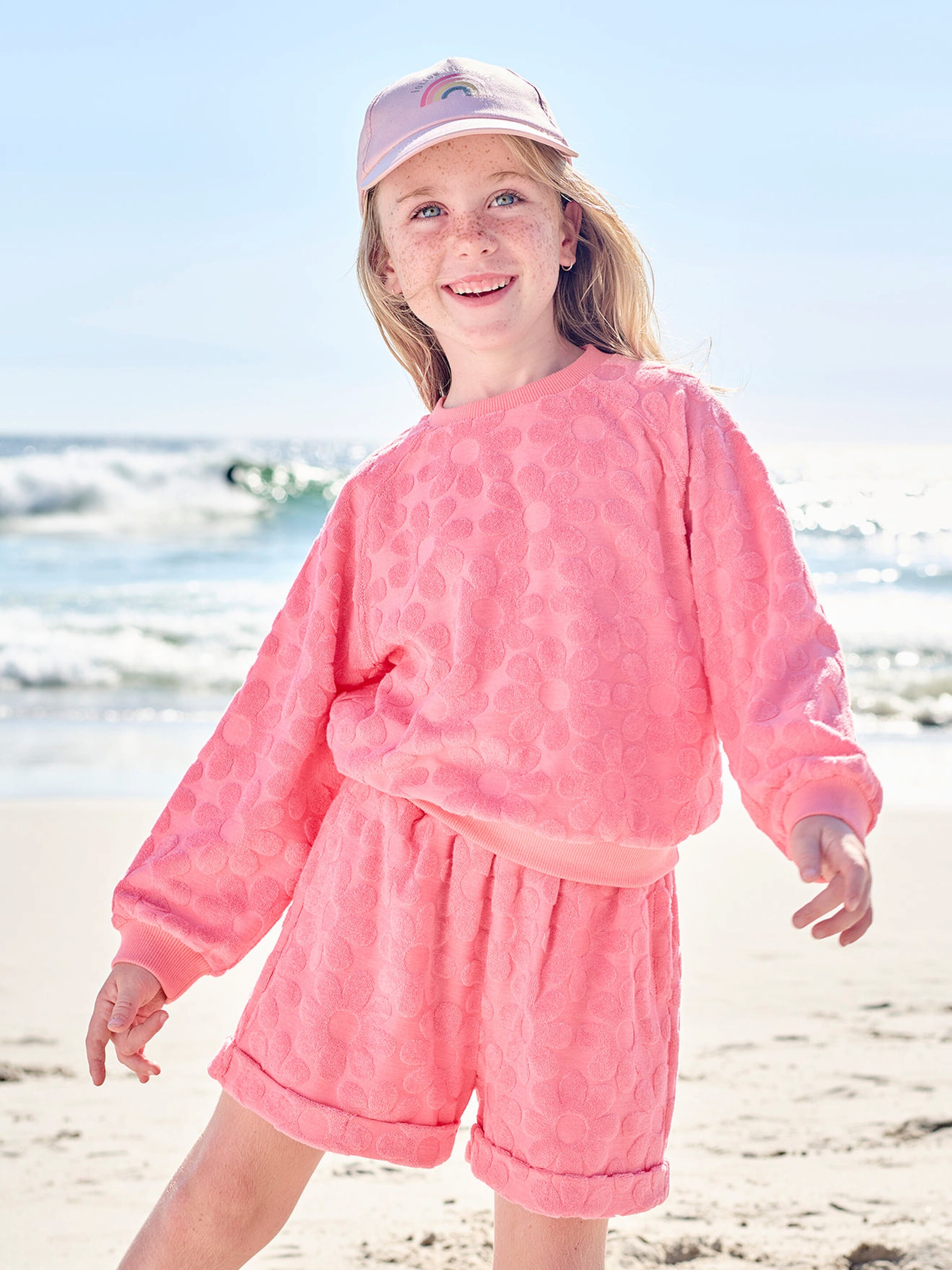 Vertbaudet Mädchen-Set mit Frottee-Blumen: Sweatshirt & Shorts bonbon rosa